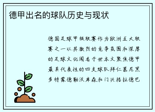 德甲出名的球队历史与现状